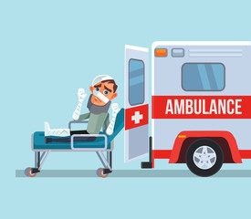 Ambulance car and broken victim man character. Vector flat cartoon illustration