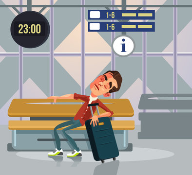 Sleepy tourist man character sleeping relaxing and waiting transport. Vector flat cartoon illustration