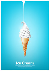 Milk soft ice cream in the cone, Pour milk, Vector illustration