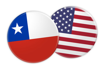 News Concept: Chile Flag Button On US Flag Button, 3d illustration on white background
