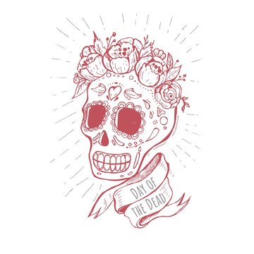 Hand-drawn poster to the Day of the dead party. Dea de los muertos card.