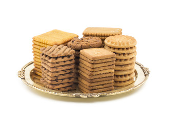 Biscuit sweet cookie background. Domestic stacked butter biscuit pattern concept