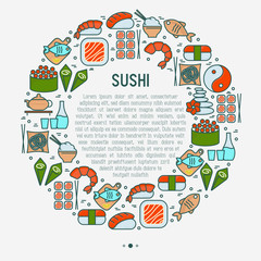 Japanese food concept in circle with thin line icons of sushi, noodles, tea, rolls, shrimp, fish, sake. Vector illustration for banner, web page or print media.