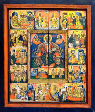 Festal icon - the 12 great feasts Walachia, 18th century icon