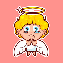 Sticker emoji emoticon, emotion beg, ask, pray, tears in eyes, vector illustration character sweet divine entity, heavenly angel, saint spirit, angel wings, radiant halo