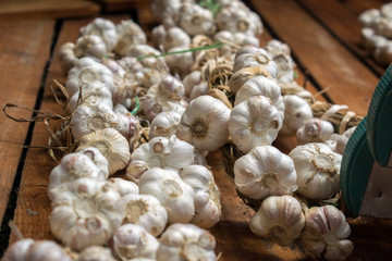 String of garlic on wooden background