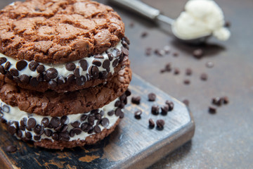 Homemade vanilla ice cream sandwiches with chocolate drops cookies on dark background