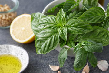 Pesto sauce ingredients: basil leaves, pine nuts, parmesan cheese, garlic and lemon