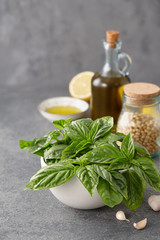 Pesto sauce ingredients: basil leaves, pine nuts, parmesan cheese, garlic and lemon