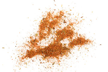 Mixed spices isolated on white background. Garlic fennel paprika carrots pepper basil celery, parsley, marjoram, onion