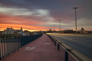 The road leading to Szczecin after sunset, traces of lights of cars