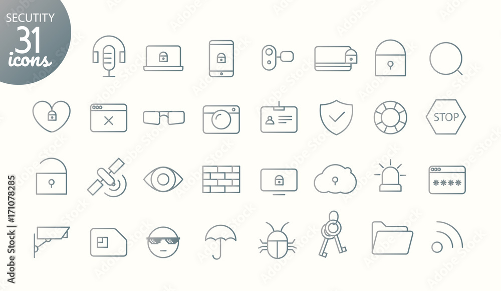 Poster Modern media web and mobile app thin line icons collection. Outline icon set. Security