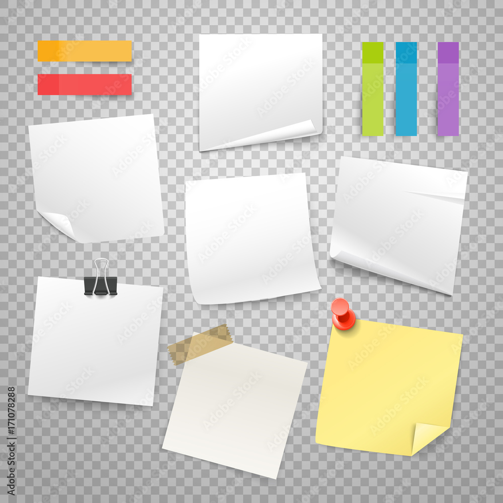 Poster many blank paper stickers vector collection. advertising mockup isolated on transparent. place any t
