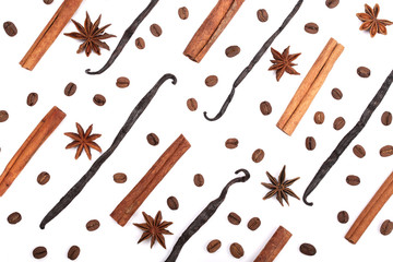 Fototapeta na wymiar Vanilla sticks, cinnamon, coffee beans and star anise isolated on white background. Composition