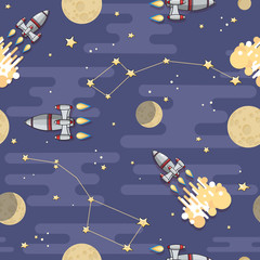 Cartoon  Space rocket, planet and moon. Vector seamless pattern.