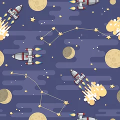 Stickers muraux Cosmos Fusée spatiale de dessin animé, planète et lune. Modèle sans couture de vecteur.