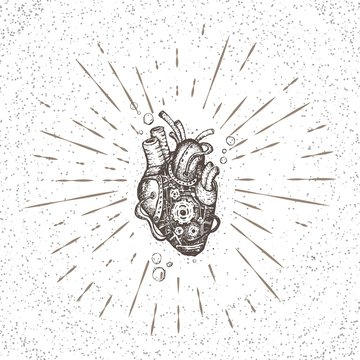 Illustration mechanical heart. Hand drawn vintage vector. Steampunk style.
