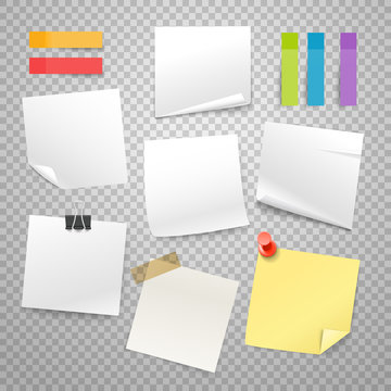 Many blank paper stickers vector collection. Advertising mockup isolated on transparent. Place any text on it