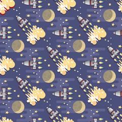 Cartoon  Space rocket. Vector celestial seamless pattern. 