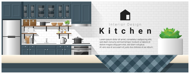 Interior design with table top and Modern kitchen background , vector , illustration