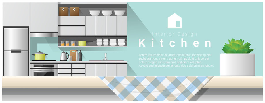Interior design with table top and Modern kitchen background , vector , illustration