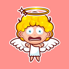 Sticker emoji emoticon emotion horrified screaming, clenched fists vector isolated illustration character divine entity heavenly angel, saint spirit, wings, radiant halo