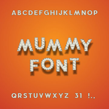 Mummy Bandage Font. Halloween Sans Serif Typeface. Letters, Punctuation Marks, Numbers 3 And 1. Latin Alphabet. Vector.