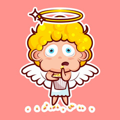 Obraz premium Sticker emoji emoticon emotion watch movie, eat popcorn, vector isolated illustration character sweet divine entity, heavenly angel, saint spirit, wings, radiant halo