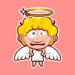 Sticker emoji emoticon, emotion nervous, tense, twitching eyes vector isolated illustration character divine entity, heavenly angel, saint spirit, wings, radiant halo