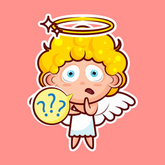 Sticker emoji emoticon, emotion what, misunderstanding, question marks, vector isolated character sweet divine entity, heavenly angel, saint spirit, wings, radiant halo