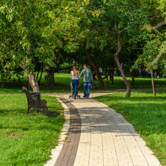 Couple with a stroller walks in the park in summer