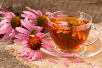 Cup of echinacea tea on old wooden table