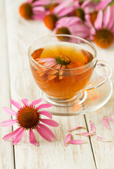 Cup of echinacea tea on white wooden table
