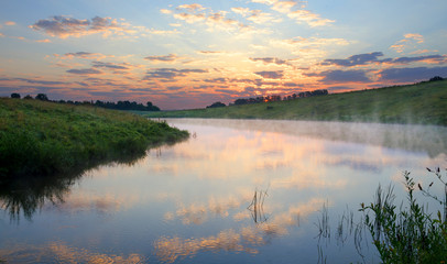 Summer landscape.Twilight.River Krasivaya Mecha in Tula region,Russia. 