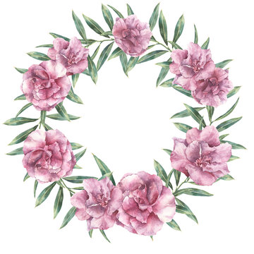 Watercolor floral exotic wreath. Hand painted border with oleander flowers with leaves and branch isolated on white background. Botanical illustration for design, print, fabric.