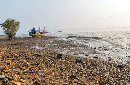 Fishing boat moored at low tide