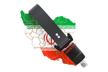 Iranian map with safety belt. Security and protect or insurance concept, 3D rendering