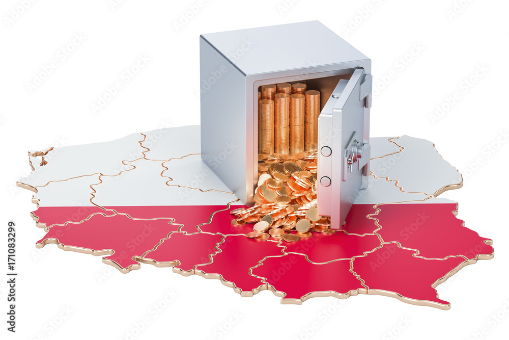 Aufkleber safe box with golden coins on the map of poland, 3d rendering