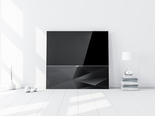 Black Modern Smart Tv Mockup on stand in white living room. 3d rendering
