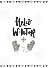 Türaufkleber Hallo Winter. Nette handgezeichnete Weihnachtspostkarte mit Schriftzug und Doodle-Elementen. Satz und Zitat des neuen Jahres. © Oksana Stepova