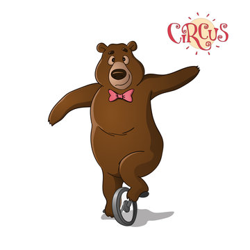 A circus brown bear riding a unicycle.