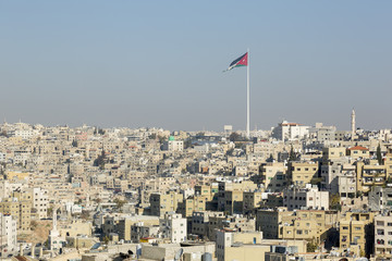 Cityscape of Amman with flagstaff downtown from the Citadel - Jordan