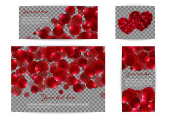 Set of banners for romantic congratulations with red rose petals flying on a transparent background.
