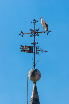 stork scanning the horizon from a lightning rod in a sunny day