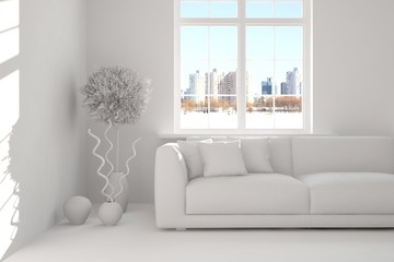 Naklejka premium White room with sofa. Scandinavian interior design. 3D illustration