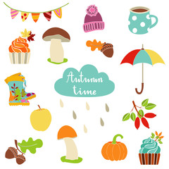 Autumn cartoon plants, food and items set.