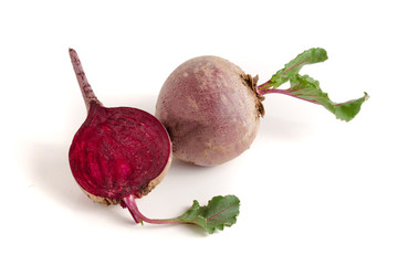 beetroot and half with leaf isolated on white background