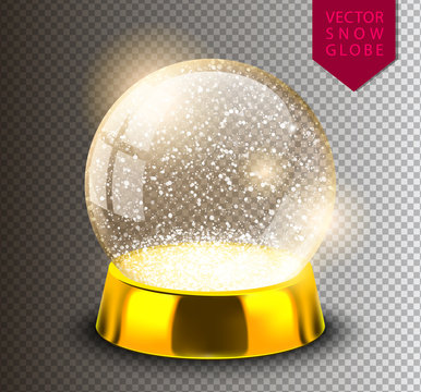 Snow globe empty template isolated on transparent background. Christmas magic ball. Realistic Xmas snowglobe vector illustration. Winter in glass ball, crystal dome icon snowflake and golden stand