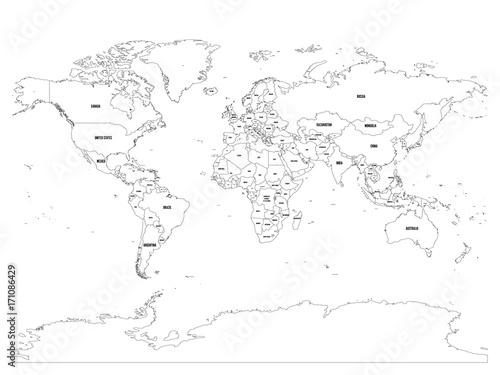 vector political map of world black outline on white background with