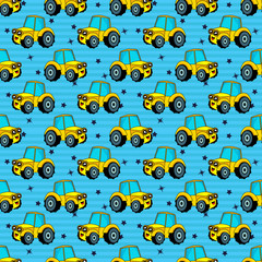 Cute kids pattern for girls and boys. Colorful car, tractor on the abstract bright background create a fun cartoon drawing.The background is made in blue colors.Urban backdrop for textile and fabric